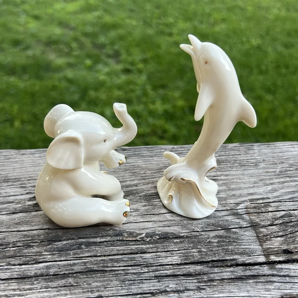 Lenox Ivory Porcelain Elephant Dolphin Figurines Gold Accent Bundle Collectible